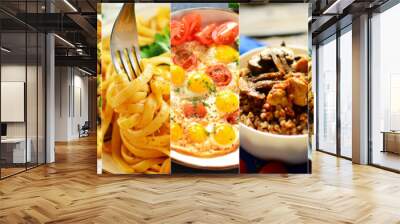 Varied food. Assortment of dishes from vegetables, meat and pasta. Delicious food made from chicken meat and vegetables. Wall mural