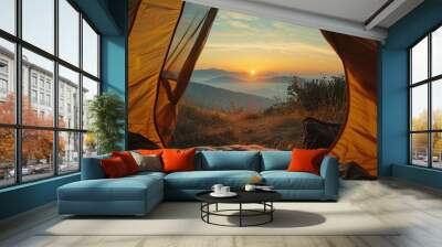 view from the tent of the mountain landscape during sunset or sunrise Wall mural