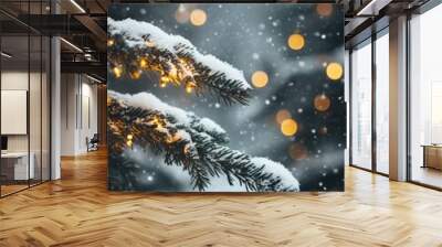 winter background - snow-covered Christmas tree with a garland with yellow light. Christmas trees in the snow, minimalistic light background, winter minimalistic landscape. copy space Wall mural