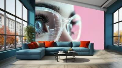 Young woman in glasses with data and graphs on screen - technology and future concept. neon colors. virtual reality. Copy space. Wall mural