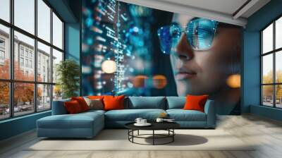 Young woman in glasses with data and graphs on screen - Technology and future. Copy space Wall mural