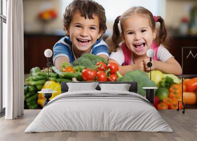 Kids Enjoying Fruits And Vegetables, Promoting Healthy Nutrition Wall mural