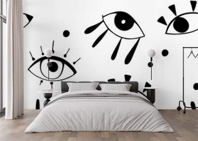 Seamless pattern with  cute cartoon eyes and dots in abstract style. Black graphic drawnig of eyeballs with eyelashes on white background. Trendy modern poster. Wall mural