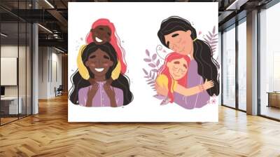 Beautiful young woman and her charming little daughter. Girl hugs mom and smiles. Set of illustrations for mothers day Wall mural