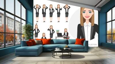 Set of emotions and poses for business woman.Young girl in office suit experiences different emotions and poses Wall mural