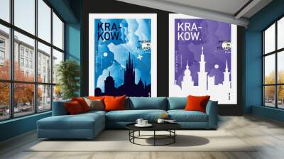 Krakow city poster pack with abstract skyline, cityscape, landmark and attraction. Poland old town vector illustration layout set for vertical brochure, website, flyer, presentation Wall mural