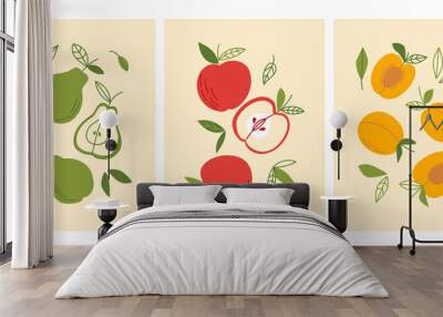 Set of simple posters with fruits. Cards with pears, apricots, apples. Vector flat illustration Wall mural