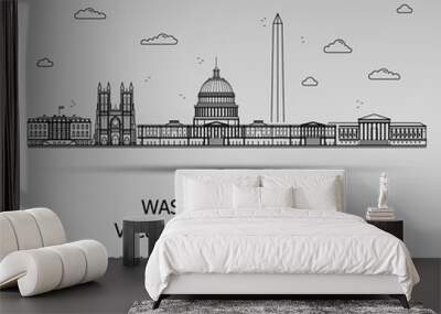 Line Art Vector Illustration of Modern Washington City with Skyscrapers. Flat Line Graphic. Typographic Style Banner. The Most Famous Buildings Cityscape on Gray Background. Wall mural