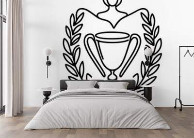 Linear vector drawing of a trophy with laurel branches and a figure with raised hands on top, isolated on a white background. Wall mural