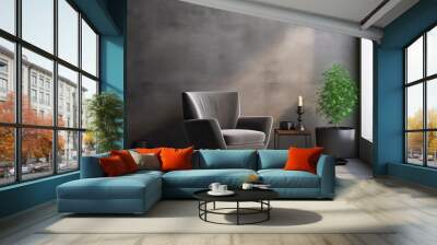 loftstyle interior with grey armchair, dark walls, and panoramic windows, providing stylish and mode Wall mural