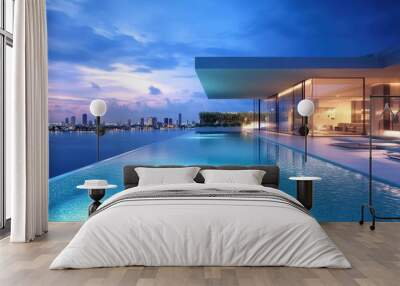 Luxurious infinity pool with modern architecture overlooking the city skyline at dusk Wall mural