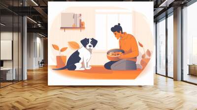 man feeding her dog. man sitting  and pointing at dog with dish bowl in her hand. Dog is sitting and waiting for food. Wall mural