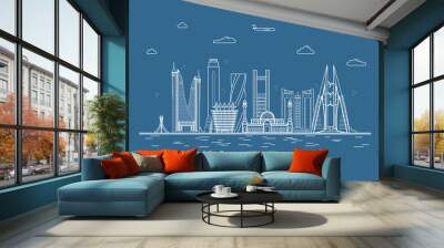 Manama city, Line Art Vector illustration with all famous buildings. Linear Banner with Showplace. Composition of Modern cityscape. Manama buildings set. Wall mural