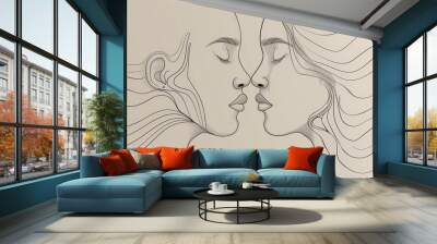 Minimalist line drawing of a couple kissing, surrounded by flowing hair Wall mural