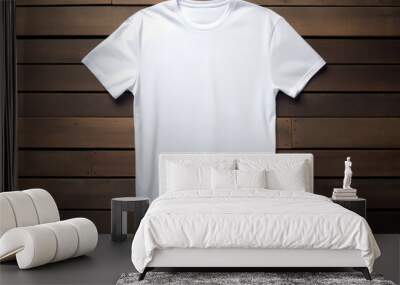 Mockup Of A Blank White T-Shirt On A Hanger On A Wooden Background Wall mural