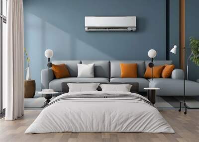 Mockup of a generic split unit air conditioner in a modern living room setting. Concept Home Interior Design, Living Room Decor, Modern Appliance, HVAC Technology, Interior Mockup Wall mural