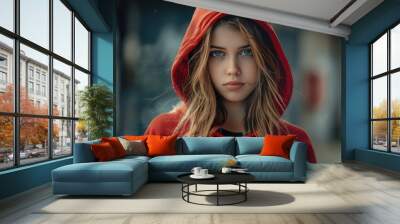 Mysterious Woman with Blue Eyes in Red Hoodie Wall mural