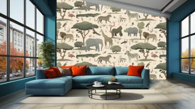 African animals in the habitat seamless pattern. Earthy color palette illustration. Exotic nature wallpaper for home decoration, fabric, postcard. Wall mural