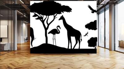 African landscape seamless border. Vector black silhouette illustration of savannah panorama wildlife on white background. Wild nature graphic. Horizontal banner, not merged, separate elements. Wall mural