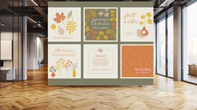 Autumn square banner set. Thanksgiving greeting card collection. Holiday background with fall leaves for social media post. Modern minimalist poster with hand drawn illustration. Wall mural