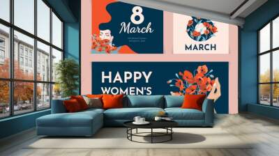 Flat illustrations of woman and flowers. March 8th template. International Women's Day set of banners Wall mural