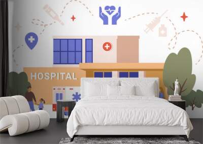 Flat vector illustration of hospital building, ambulance car, doctors, patients and medical icons. Healthcare infographic concept isolated on white background. Wall mural