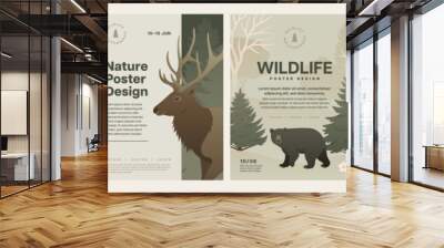 Forest animal poster design set. Animals in nature background vector illustration. Color landscape with trees, bear and deer for flyer or letter. Wall mural