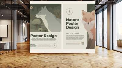 Forest animal poster design set. Animals in nature background vector illustration. Color landscape with trees, fox and wolf for flyer or letter. Wall mural