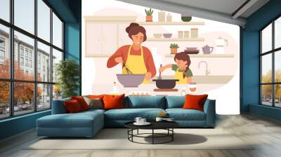 Happy mother and daughter cooking in cozy bright modern kitchen. Vector flat illustration isolated on white background with woman spending time with child, talking, laughing and eating healthy meal Wall mural