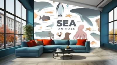 Sea animals set. Modern vector illustration of under water world. Marine life collection isolated on white background. Whale, shark, octopus, dolphin, turtle, penguin. Wall mural