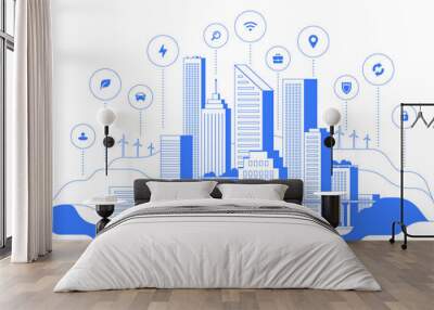 Smart city graphic in one blue color line art. Innovative technologies banner. Business downtown landscape with infographic elements. Modern illustration of town with public transport and traffic. Wall mural