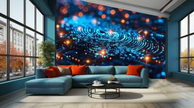 Neon cyber technology background with fingerprint safeguarding personal data and security. Concept Cyber Technology, Neon Background, Fingerprint Security, Personal Data Protection, Online Safety Wall mural