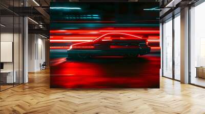 Neon red lights illuminating fastmoving electric car in the dark. Concept Night Photography, Neon Lights, Electric Cars, Fast-moving Subjects, Illumination Wall mural