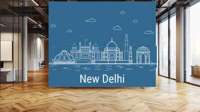 New Delhi city, Line Art Vector illustration with all famous buildings. Linear Banner with Showplace. Composition of Modern cityscape. New Delhi buildings set. Wall mural