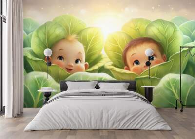 Newborn Twin Babies Found in Cabbage Field, Family Addition Wall mural