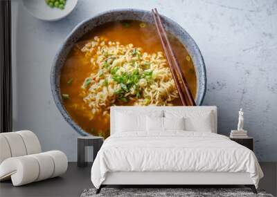 easy japanese ramen with noodles, pork broth, egg and leek in handmade blue ceramic bowl with wooden Wall mural