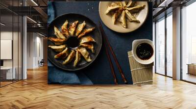 Fried gyoza dumplings with duck served with soy sauce ans sesame seeds. Dark blue concrete background Wall mural