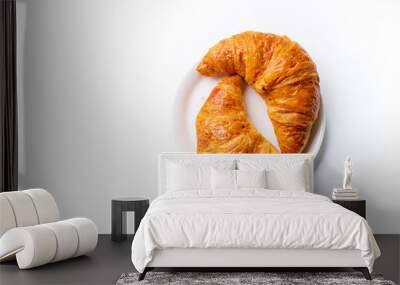 Top view flatlay with two fresh croissants. Morning meal concept. White background Wall mural