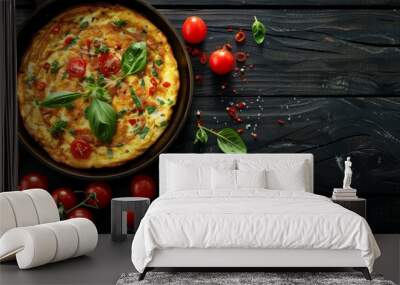 Omelette With Cherry Tomatoes and Basil on a Wooden Table Wall mural