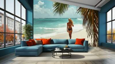 On Tropical Beach, 2 Supermodel Showcases Swimwear In Photoshoot Wall mural