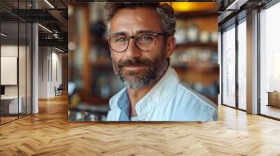 Ophthalmologist examining eyeglass frames in front of optics store display cases. Concept Optician, Eyeglass Frames, Optics Store, Eye Examination, Vision Correction Wall mural