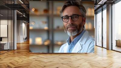 Ophthalmologist in front of optics store display cases with eyeglass frames. Concept Eyewear Expert, Optics Store, Eyeglass Frames, Ophthalmology, Eye Care Wall mural