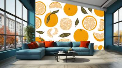 Orange, slice, peeled orange clipart set hand drawn childish flat style isolated on white background. Wall mural