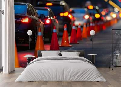 Orange cones redirect traffic in busy lane due to maintenance signs. Concept Traffic Control, Maintenance Work, Road Construction, Safety Precautions Wall mural