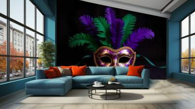 Ornate Mardi Gras mask with vibrant feathers symbolizing celebration and mystery Wall mural