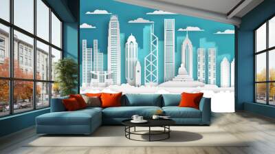 Paper cut style Hong Kong city, white color paper, vector stock illustration. Cityscape with all famous buildings. Skyline Hong Kong city composition for design. Wall mural