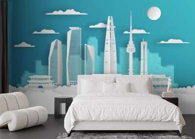 Paper cut style Seoul city, white color paper, vector stock illustration. Cityscape with all famous buildings. Skyline Seoul city composition for design. Wall mural