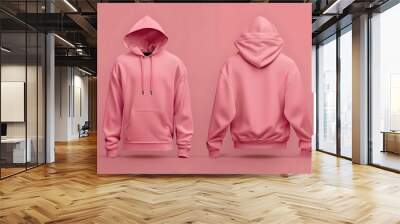 Pink hoodie mockup with front and back view for design print. Concept Hoodie Mockup, Pink Color, Front View, Back View, Design Print Wall mural