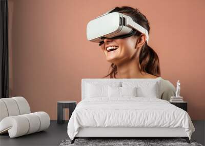 portrait of a person with digital glasses, Joyful young woman smiling in white virtual reality glasses in cyber space isolated on background copy space,  Happy girl in the VR glasses Wall mural