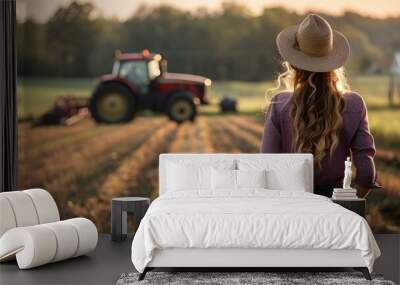 Portrait of a young woman farmer with a tractor in the background on a farm. Concept Outdoor Photoshoot, Portrait Photography, Female Farmer, Tractor, Farm Landscapes Wall mural